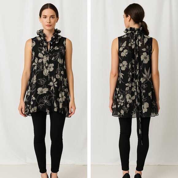 Jaipur Black and Cream Floral Sheer Tunic Top Size Large - Picture 1 of 9